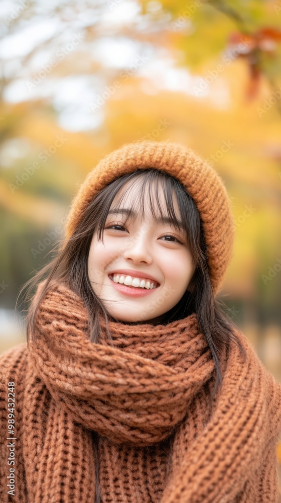 季節のプロモーションで茶色のニットウェアを着た笑顔の女性と心地よい秋の雰囲気 季節のプロモーションで茶色のニットウェアを着た笑顔の女性と心地よい秋の雰囲気