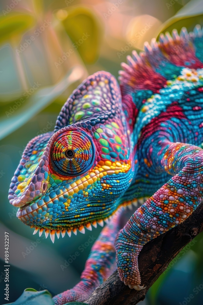 Obraz premium Close Up of Colorful Chameleon on Branch in Tropical Rainforest - Vibrant Nature Photography