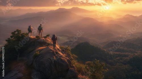 3 friends hiking on the top of mountain, panoramic view, golden hour light, photo realistic.