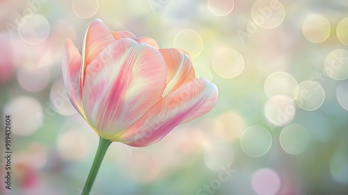 Image of a pastel pink tulip in bloom, with a dreamy soft-focus bokeh background in gentle light tones.