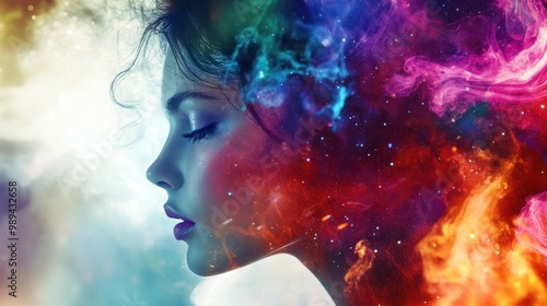 beautiful fantasy abstract portrait of a beautiful woman double exposure with a colorful digital paint splash or space nebula, generative ai photo