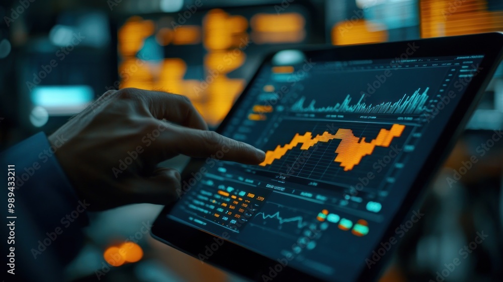 A hand points at a financial chart displayed on a tablet in a dimly lit office setting. A hand points at a financial chart displayed on a tablet in a dimly lit office setting.