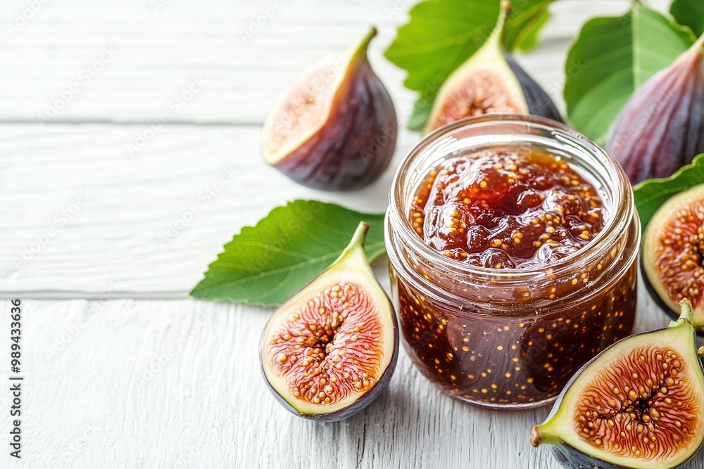 Fresh fig jam in a glass bowl surrounded by whole and halved figs Fresh fig jam in a glass bowl surrounded by whole and halved figs