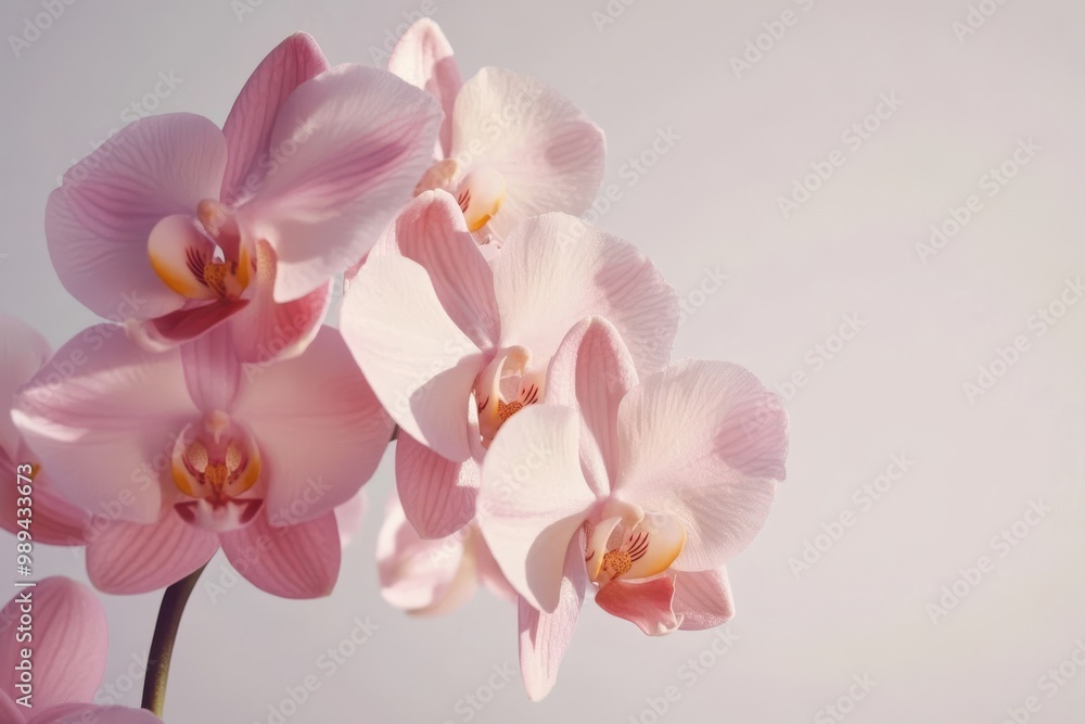 Fototapeta premium The picture showcases a group of soft pink doritaenopsis orchids against a bright and uncluttered background