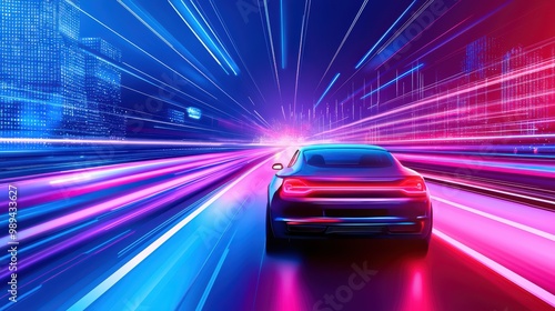 Car speeding through neon-lit city streets at night, vibrant light trails