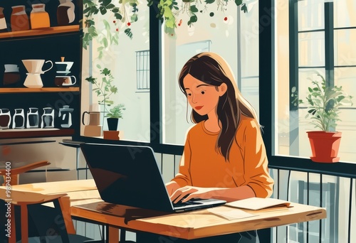 Digital illustration of a woman in a cozy coffee shop, working on her laptop. Showcases productivity and comfort in a warm setting with coffee and plants.