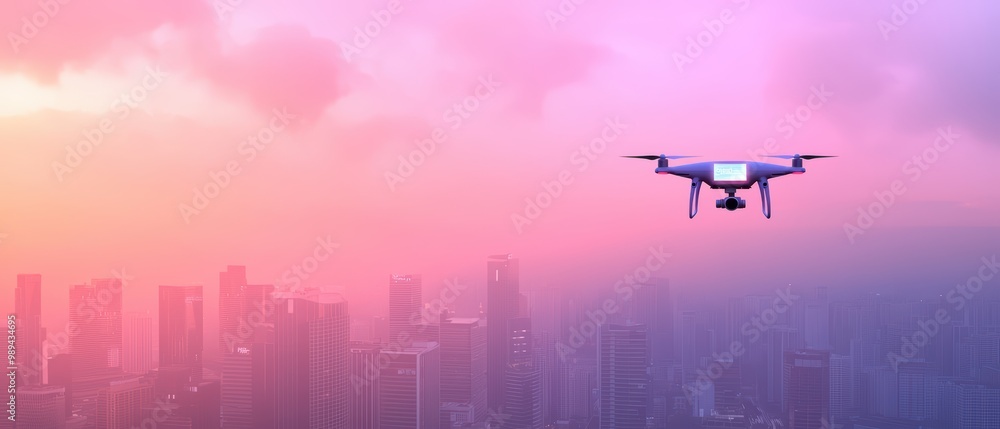 Drone flying over a vibrant skyline at sunset, creating a serene urban atmosphere. Drone flying over a vibrant skyline at sunset, creating a serene urban atmosphere.