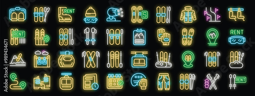 Bright neon icons of different skiing activities, gear and equipment