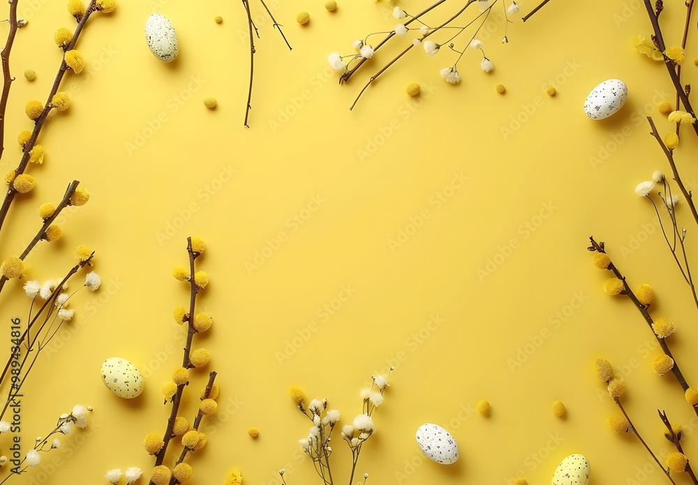 Fototapeta premium Happy Easter Background with Willow Branches, Eggs, and Flowers
