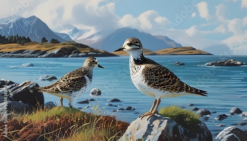 Ringed Plover Nesting Amid Pink Thrift on the Coastal Beauty of Noss Island, Scotland photo