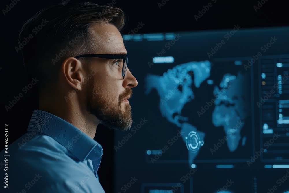 Focused man analyzing data on digital screens in a dark office environment. Focused man analyzing data on digital screens in a dark office environment.