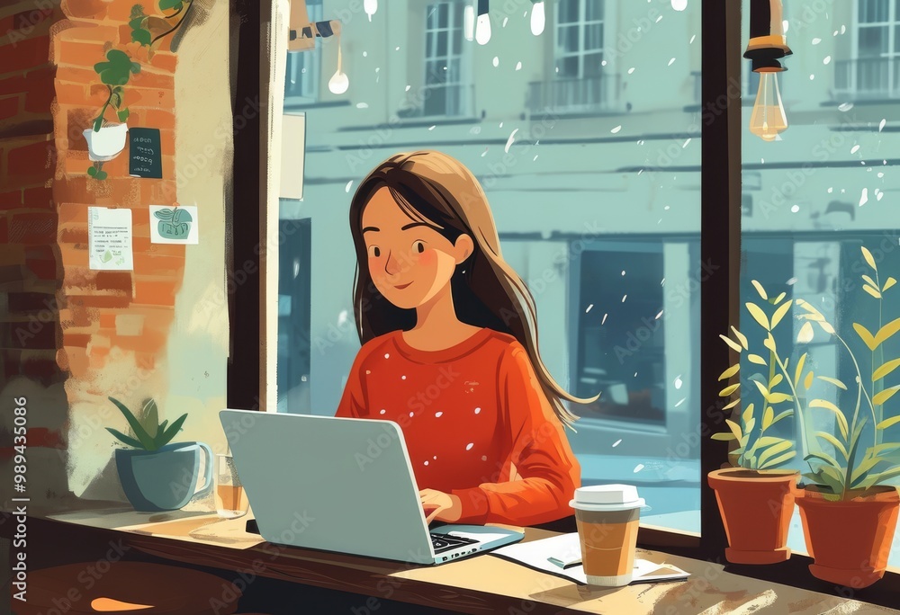 Digital illustration of a woman in a cozy coffee shop, working on her laptop. Showcases productivity and comfort in a warm setting with coffee and plants. Digital illustration of a woman in a cozy coffee shop, working on her laptop. Showcases productivity and comfort in a warm setting with coffee and plants.