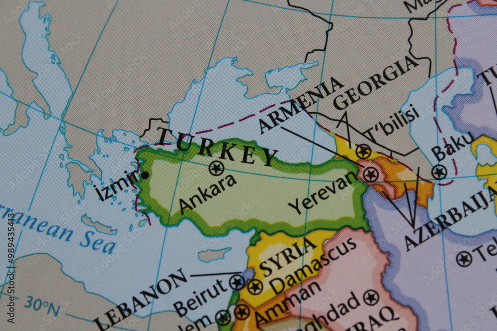 close up of the country of Turkey viewed on a wold map as a travel concept. Turkey on a map
