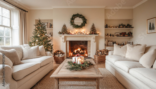 Christmas decorated living room interior with fireplace, christmas tree and gifts