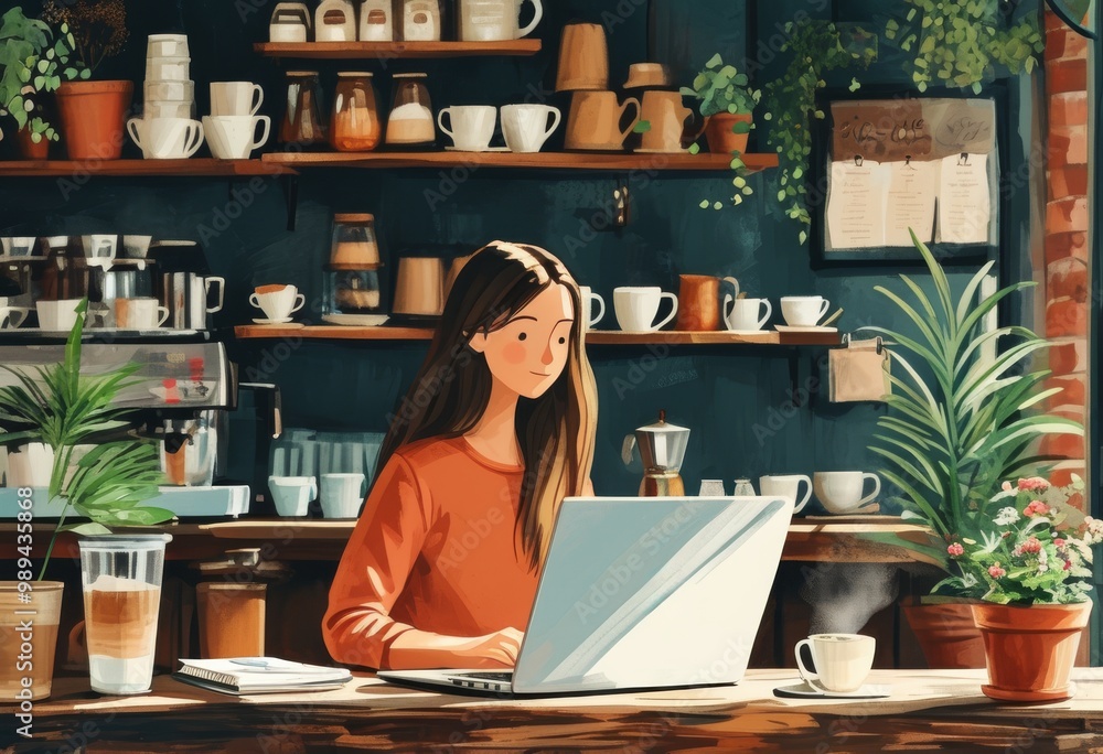 Digital illustration of a woman in a cozy coffee shop, working on her laptop. Showcases productivity and comfort in a warm setting with coffee and plants. Digital illustration of a woman in a cozy coffee shop, working on her laptop. Showcases productivity and comfort in a warm setting with coffee and plants.