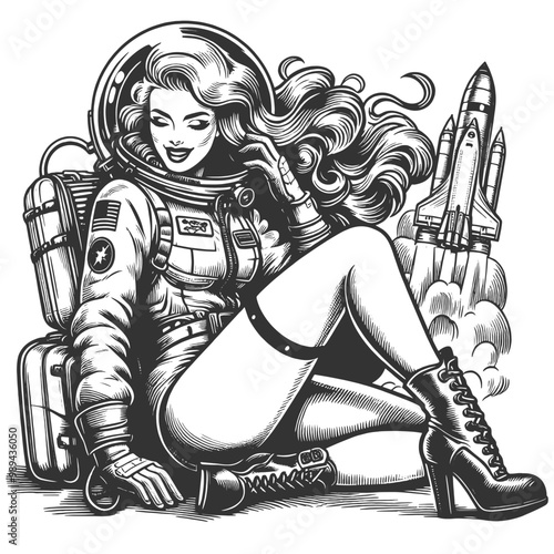 pin-up style female astronaut in a spacesuit, posing with a rocket launching, sketch engraving generative ai fictional character vector illustration. Scratch board imitation. Black and white image.