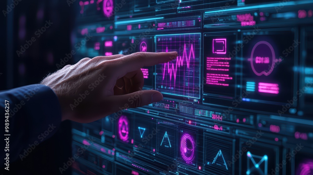Hand interacting with futuristic digital interface on dark background. Hand interacting with futuristic digital interface on dark background.