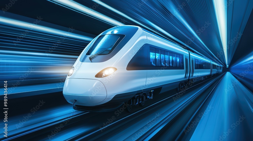 Fototapeta premium High-speed train in motion with blurred background, futuristic design.
