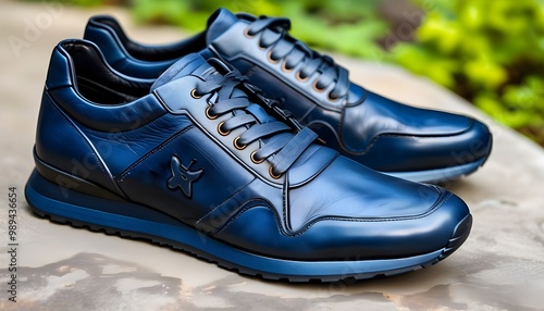 Dark Blue Leather Sport Shoes for Men with Laces