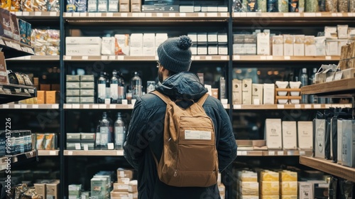 a person selecting products in a store that match their style, showcasing affinity for particular brands or aesthetics