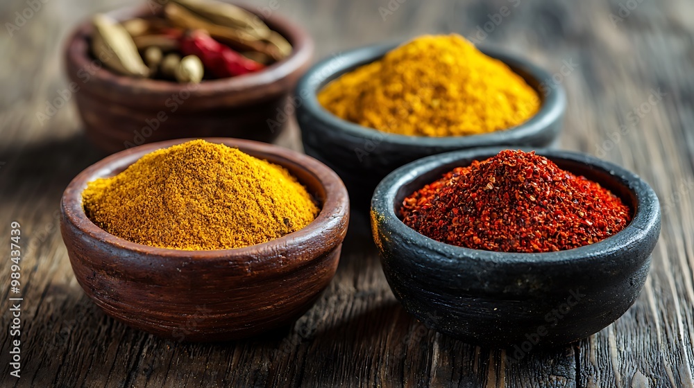 Vibrant Spice Collection on Rustic Wooden Surface - A Feast for the Senses Vibrant Spice Collection on Rustic Wooden Surface - A Feast for the Senses