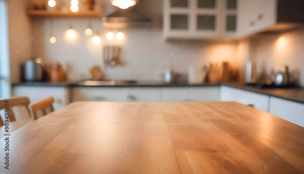 Wooden board empty table with kitchen blurred background Wooden board empty table with kitchen blurred background