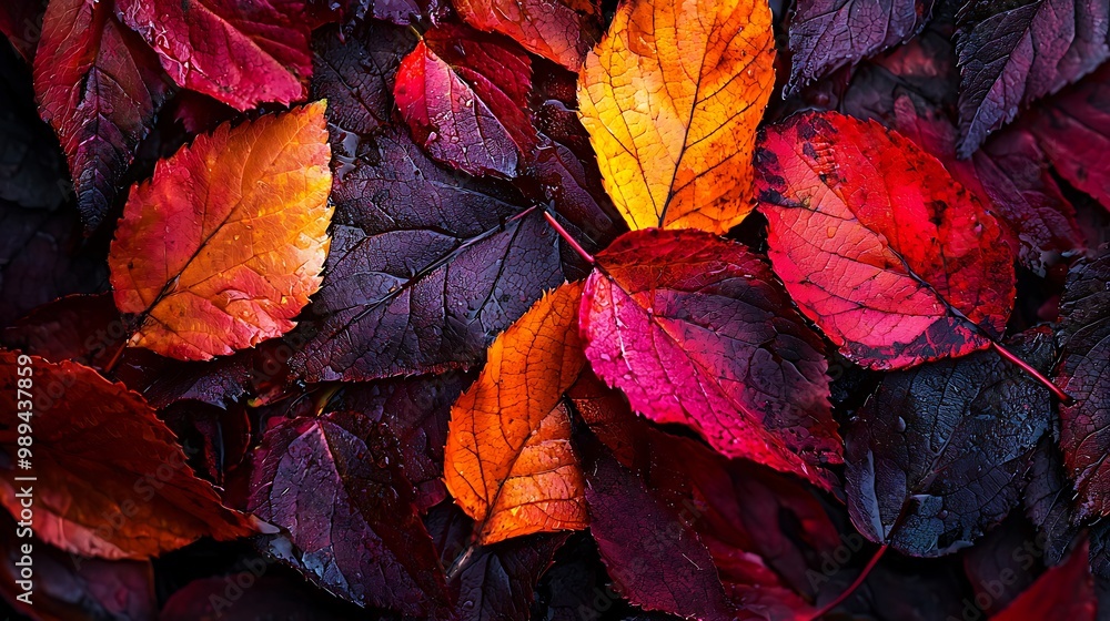 Autumn's Richness Unveiled: Macro Shot of Colorful Fallen Leaves on Dark Background Autumn's Richness Unveiled: Macro Shot of Colorful Fallen Leaves on Dark Background