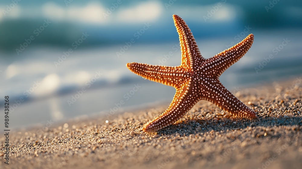 Serene Starfish: Close-up of Vibrant Textured Starfish on Sandy Beach with Blurred Ocean Background Serene Starfish: Close-up of Vibrant Textured Starfish on Sandy Beach with Blurred Ocean Background