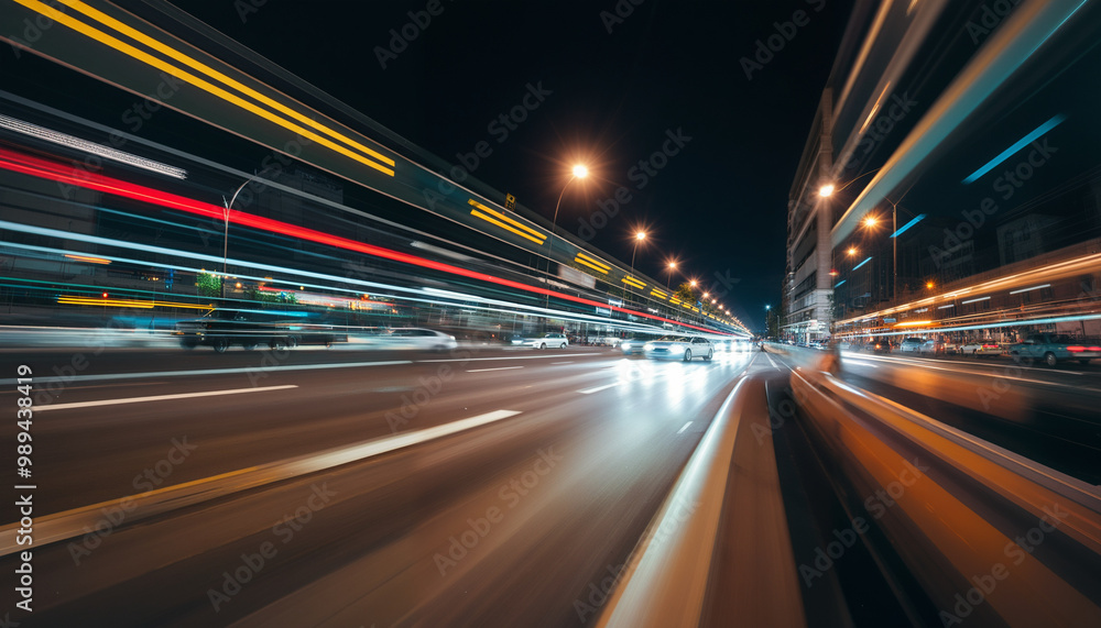 Long exposure shot of a city street at night, with vehicles on the road, light poles, and buildings in the background. Long exposure shot of a city street at night, with vehicles on the road, light poles, and buildings in the background.