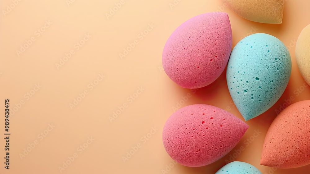 Colorful make up sponges isolated on beige background with copy space, cosmetics make up tools backgrounds Colorful make up sponges isolated on beige background with copy space, cosmetics make up tools backgrounds