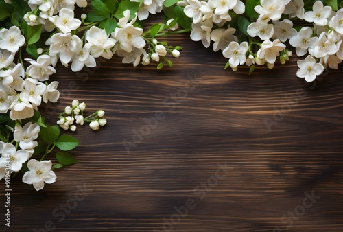 White Jasmine Flowers on Rustic Wooden Background
