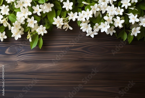 White Jasmine Flowers Border on Rustic Wood