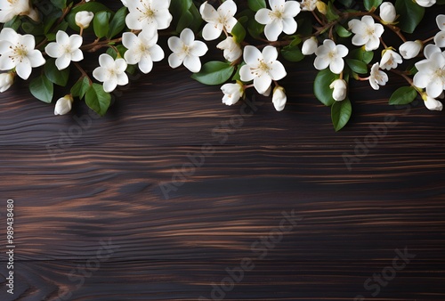 White Jasmine Flowers on Rustic Wood Background