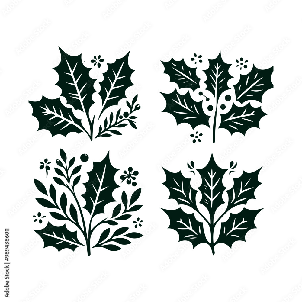 Fototapeta premium A set of Christmas Holly decorations with a green leaf silhouette vector art illustration isolated on a white background