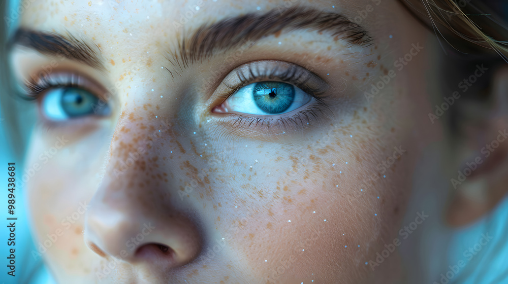 A detailed close-up of a person's freckled face, focusing on their striking blue eyes and delicate skin texture, highlighting natural beauty A detailed close-up of a person's freckled face, focusing on their striking blue eyes and delicate skin texture, highlighting natural beauty