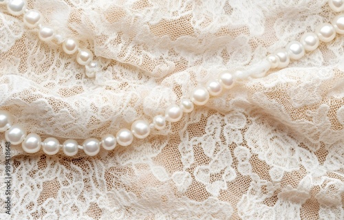 Beige Lace Fabric With Pearl Necklace