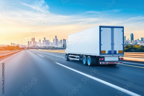 White truck driving on highway with city skyline and sunset in the background.