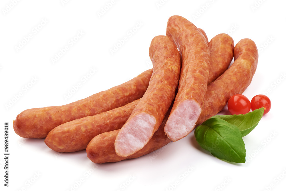 Long thin smoked sausages, isolated on white background Long thin smoked sausages, isolated on white background
