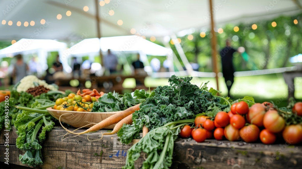 Farm to Table Event with Organic Vegetables on Rustic Wooden Table Under Large Tent Farm to Table Event with Organic Vegetables on Rustic Wooden Table Under Large Tent