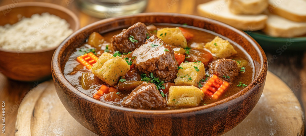 Hearty beef stew being served in wooden bowl Hearty beef stew being served in wooden bowl