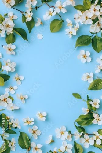 White Flowers & Green Leaves Frame on Blue Background