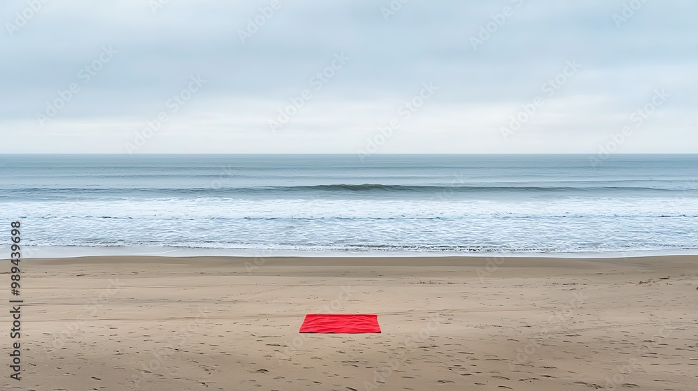 Serene Seaside Solitude - A Red Towel on an Empty Beach Serene Seaside Solitude - A Red Towel on an Empty Beach