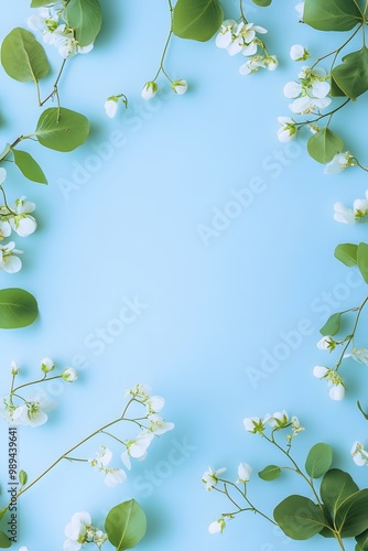 White Flowers Frame on Light Blue Background