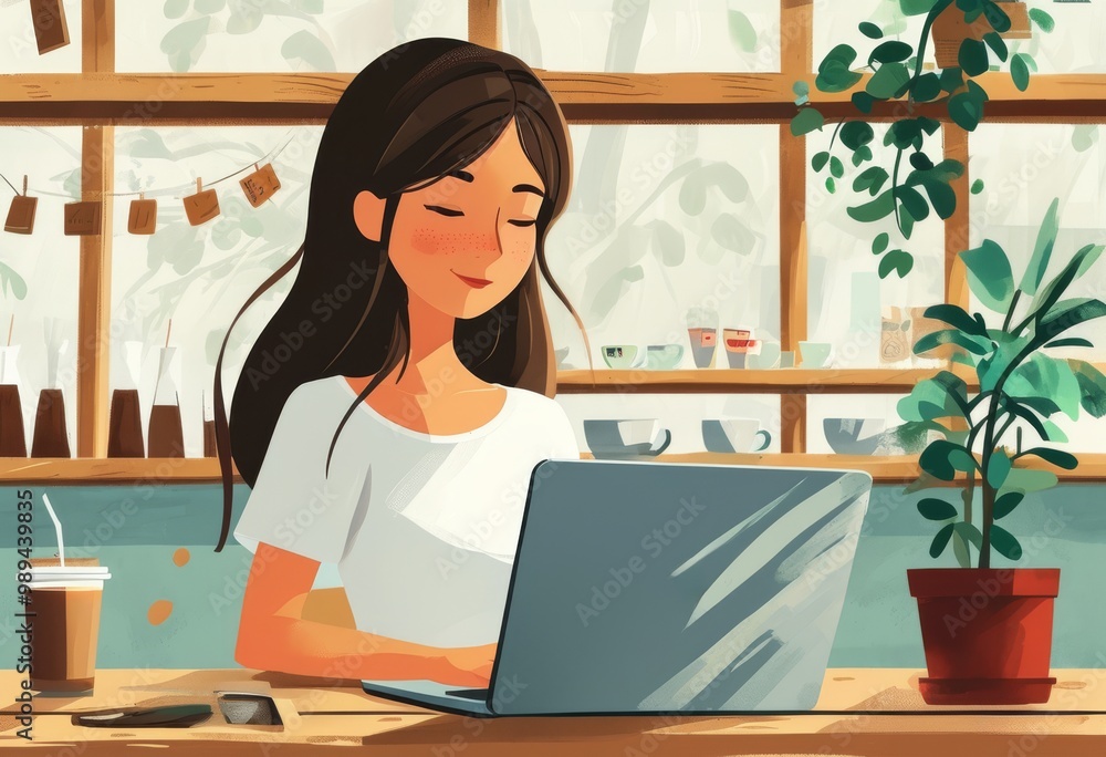 A young woman focused on her laptop in a warmly lit coffee shop, enjoying a peaceful work session with a cup of coffee by her side. A young woman focused on her laptop in a warmly lit coffee shop, enjoying a peaceful work session with a cup of coffee by her side.