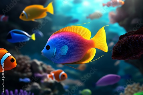 A 3D-rendered aquarium filled with colorful fish, showing each fish swimming gracefully in a detailed, digitally-created underwater world