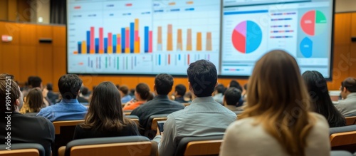 A group of people in an auditorium, sitting and watching as someone is presenting data on the big screen behind them Generative AI
