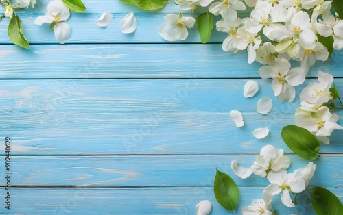 White Apple Blossoms on Blue Wooden Table