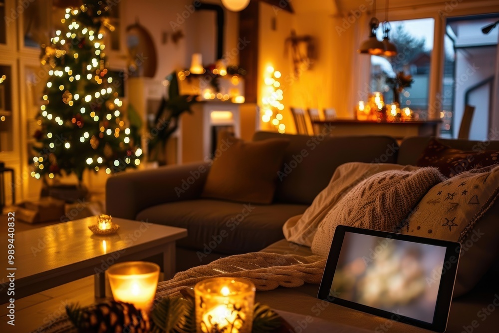 Cozy Living Room with Tablet Displaying Black Friday Furniture Deals, Warm Lighting, and Holiday Decor Cozy Living Room with Tablet Displaying Black Friday Furniture Deals, Warm Lighting, and Holiday Decor