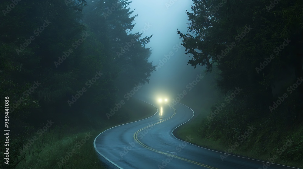 Fototapeta premium Mysterious Journey: Car Headlights on Winding Forest Road in Foggy Night