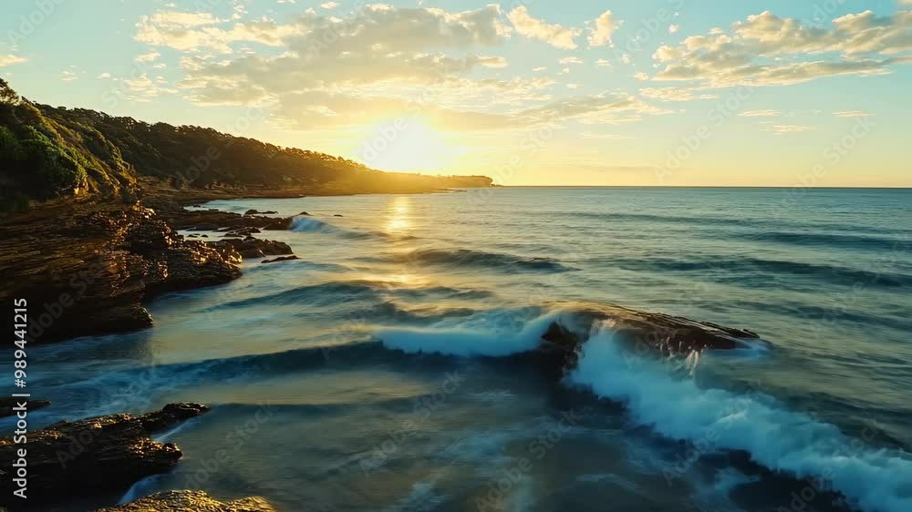 The sun sets over the ocean, casting golden light on the crashing waves The sun sets over the ocean, casting golden light on the crashing waves